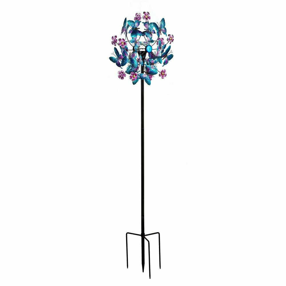 Blue Butterfly & Flowers Solar Metal Wind Spinner, 74" H