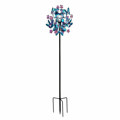 Blue Butterfly & Flowers Solar Metal Wind Spinner, 74" H