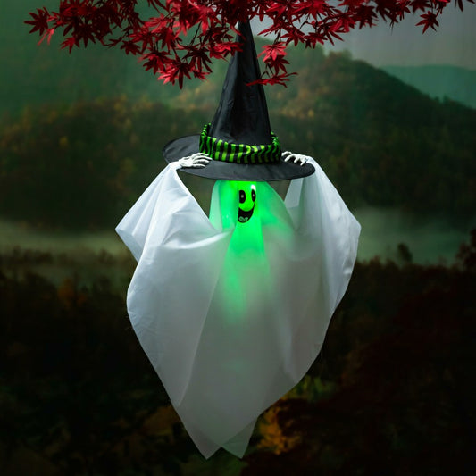 Animated Witch Hat Ghost with Color-Changing LED Lights and Sound Hang