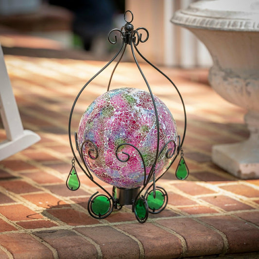 Metal Gazing Ball Hanging Holder with Blue Glass Tear Drops
