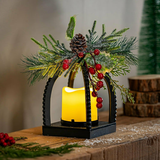 Winter Grove Faux Floral Table Decor Artificial with LED Lantern, 10"H