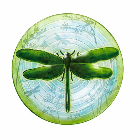 18"Hand Painted and Embossed Glass Bird Bath, Fluttering Dragonfly Pon