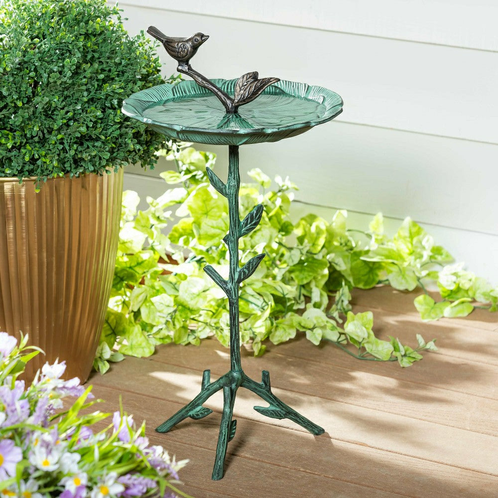Cottage Garden Birdbath, Metal Green Birdbath with Stand, 12"
