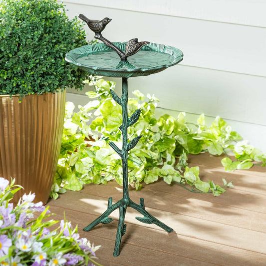 Cottage Garden Birdbath, Metal Green Birdbath with Stand, 12"