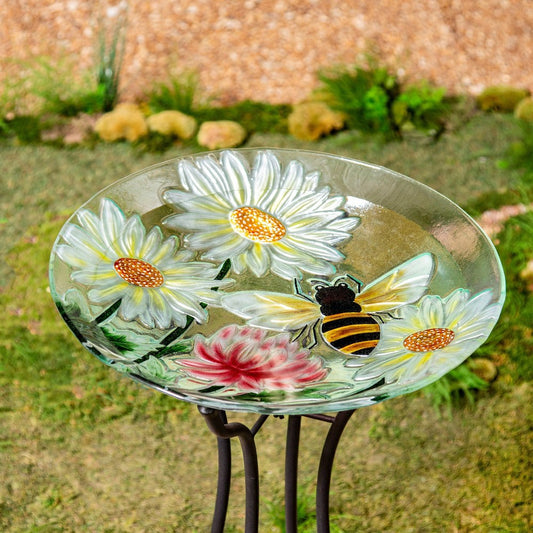 Cottage Garden Birdbath, Hand Painted Daisies and Bees, 18"