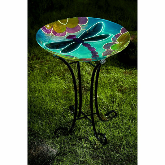 18" Fluorescent Hand Painted and Embossed Glass Shaped Bird Bath, Drag