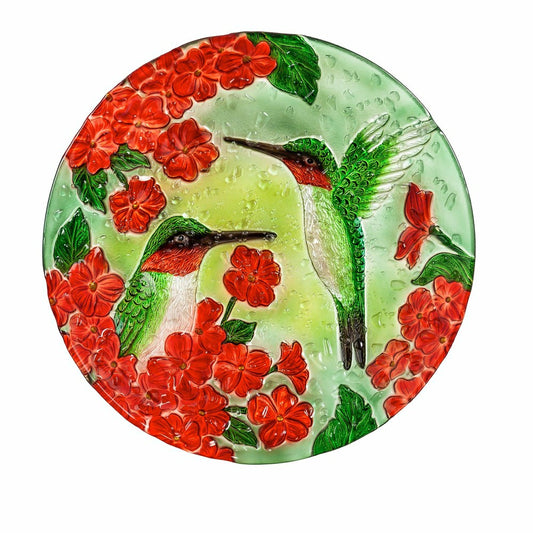 18" Hand Painted Bird Bath with Crushed Glass, Happy Hummingbirds