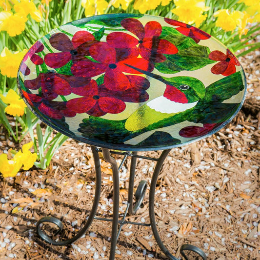 Cottage Garden Birdbath, Glass bird bath with Stand, Hummingbird, 16"