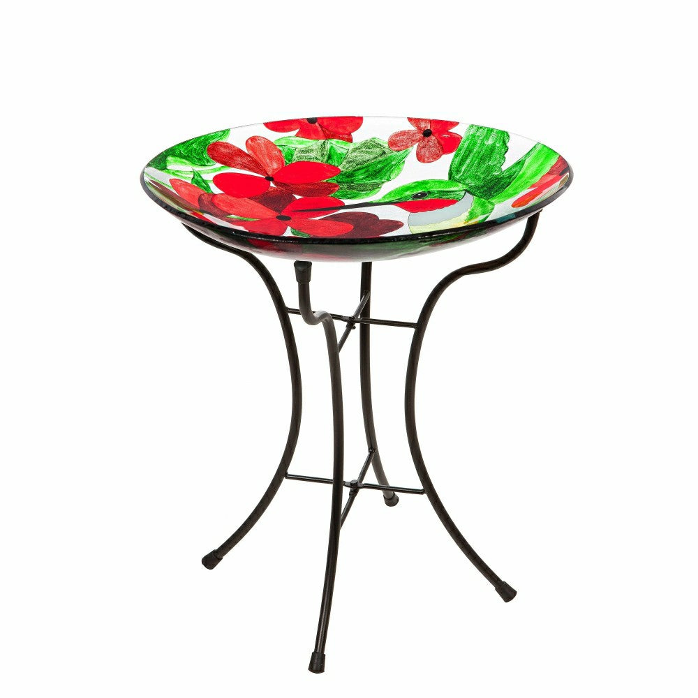 Cottage Garden Birdbath, Glass bird bath with Stand, Hummingbird, 16"