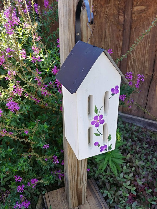 Butterfly Bird House with Hand Painted Flowers and Metal Roof