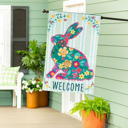 Floral Patterned Bunny Applique House Flag