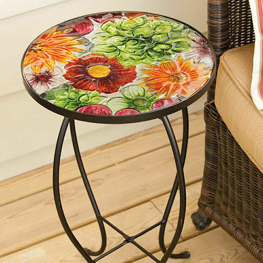 Round glass table, Gerber Daisies