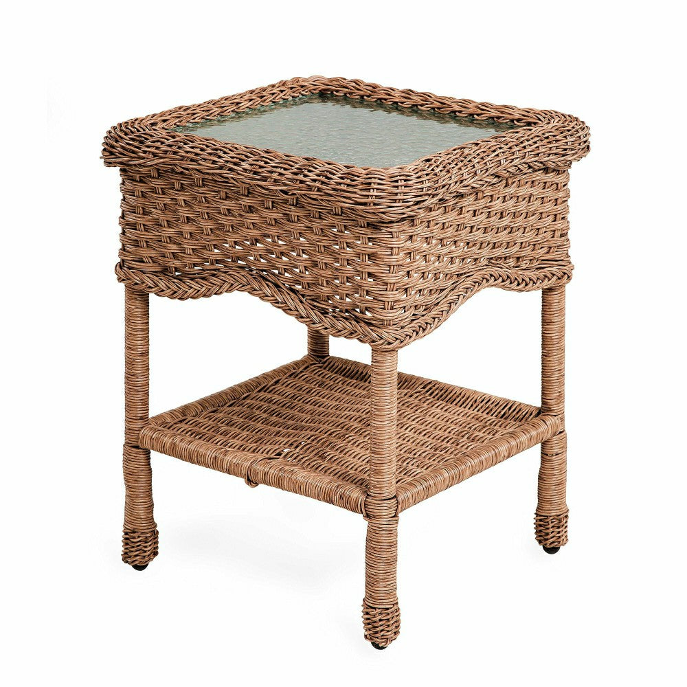Wicker End Table with Glass Tabletop