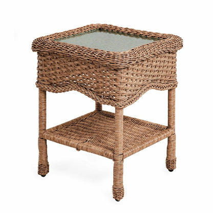 Wicker End Table with Glass Tabletop