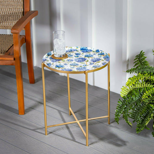 VivaStyle Outdoor Side Table, Printed Metal Side Table, Hydrangea, 19"