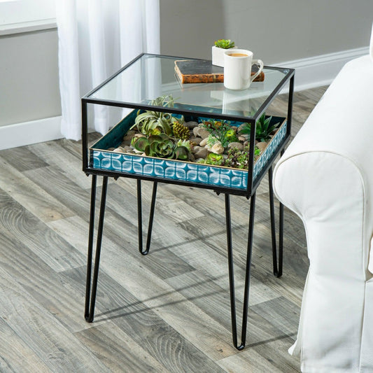 Metal Table with Glass Top and Teal Metal Planter Dish