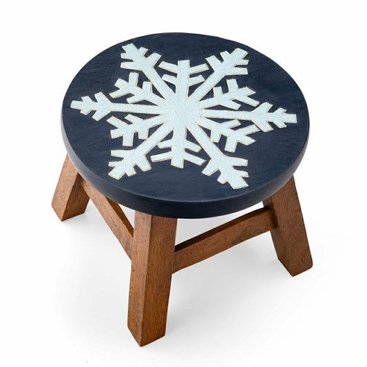 Hand-Carved Acacia Wood Glittery Snowflake Footstool
