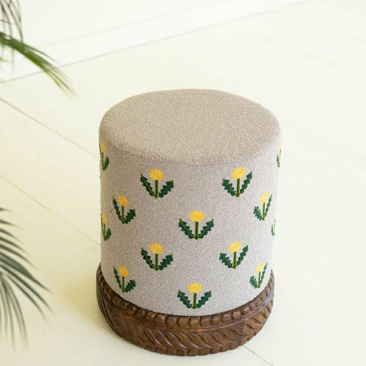 Upholstered Ottoman with Carved Wood Base, Gray