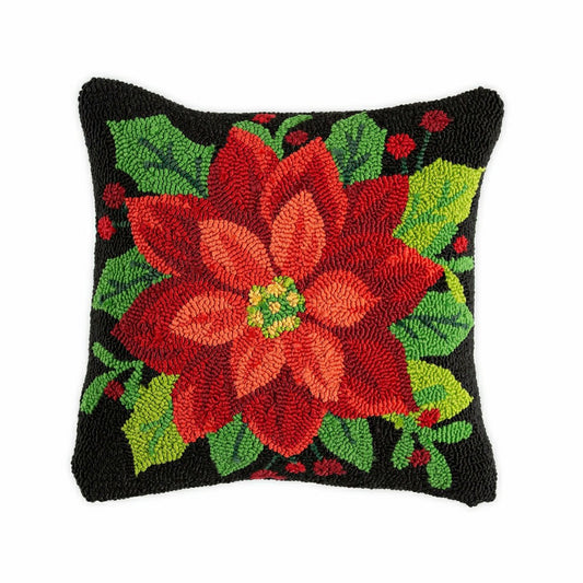 Indoor/Outdoor Hooked Polypropylene Poinsettia Throw Pillow