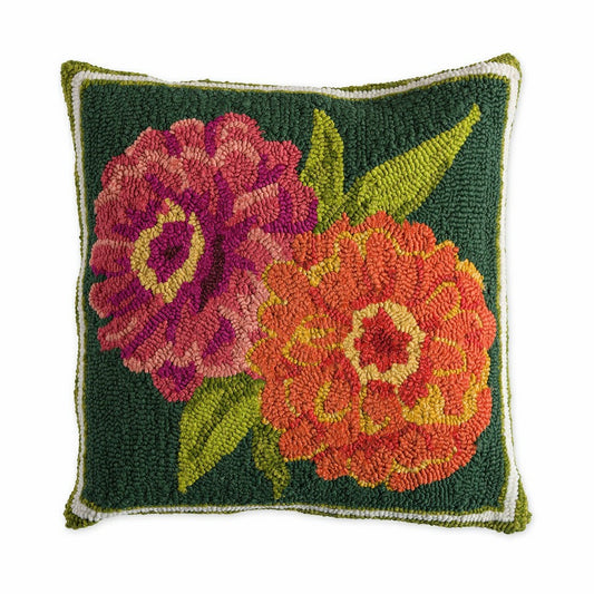 Indoor/Outdoor Double Zinnia Hooked Throw Pillow