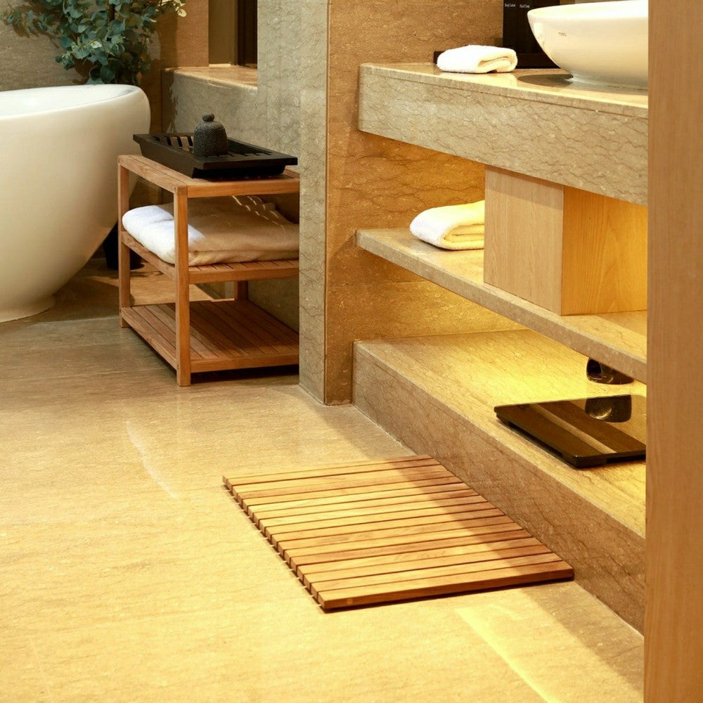 Sunriver Teak Shower and Bath String Mat with Rubber Feet 23.62" x 15.