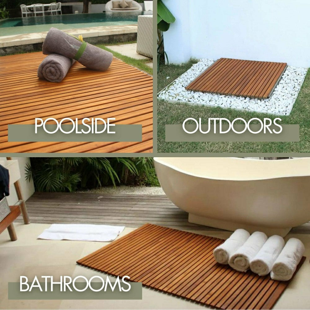 Sunriver Teak Shower and Bath String Mat with Rubber Feet 23.62" x 15.