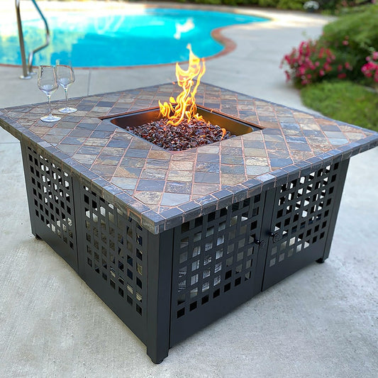 Kingsbury Outdoor LP Gas Fire Pit with Slate and Marble Tile Mantel, 4