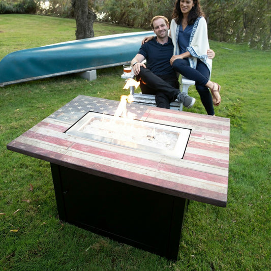 Americana Propane Gas Fire Pit with Faux Wood Tabletop and Glass Rocks