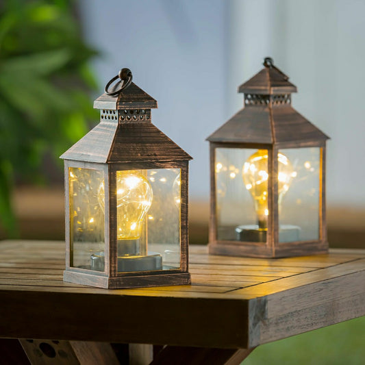 8.5"H Battery Operated Twinkling Light Bulb Lantern, Brushed Bronze; S