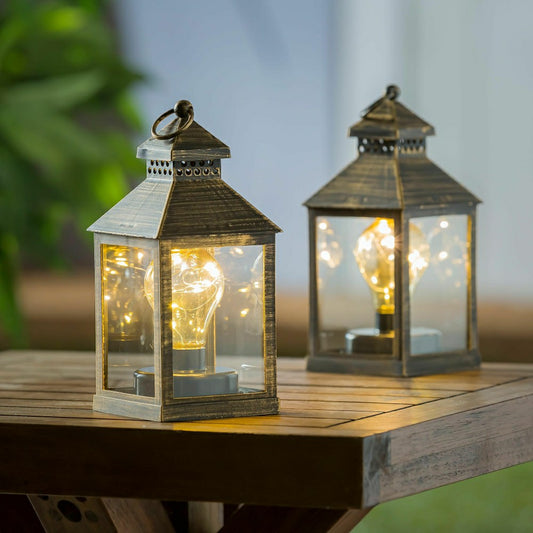 8.5"H Battery Operated Twinkling Light Bulb Lantern, Black with Brushe