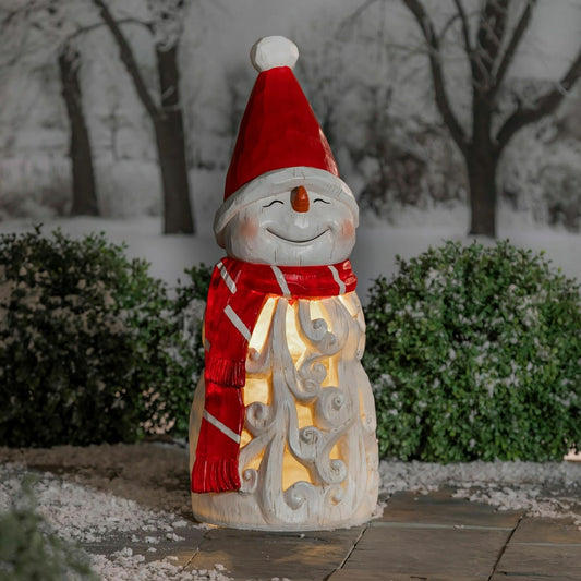 Carved Lighted Holiday Snowman Statue