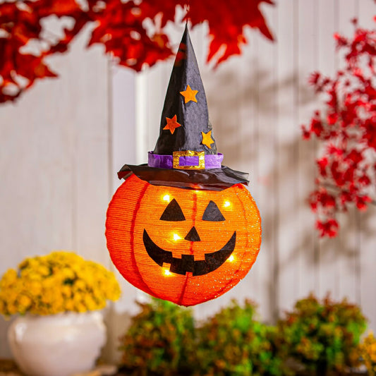 Hanging LED Fabric Witch Hat Jack O'Lantern Pumpkin