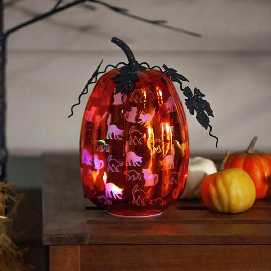 Mercury Glass Lighted Orange Pumpkin with Cats