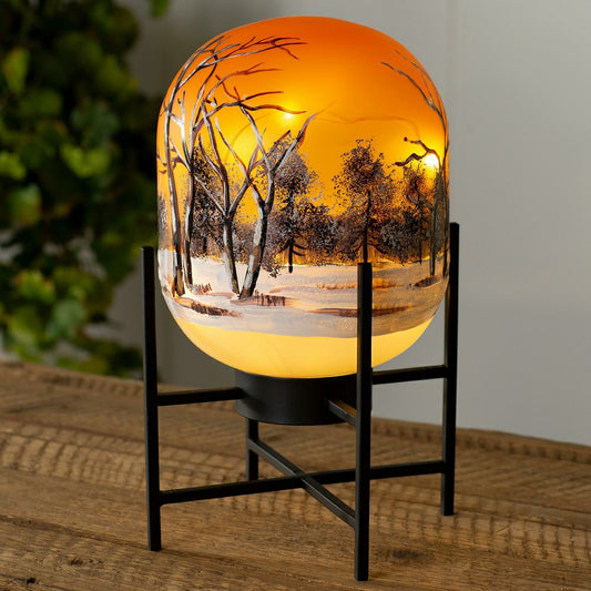 Illuminated Harvest Scene Glass Lantern on Metal Stand
