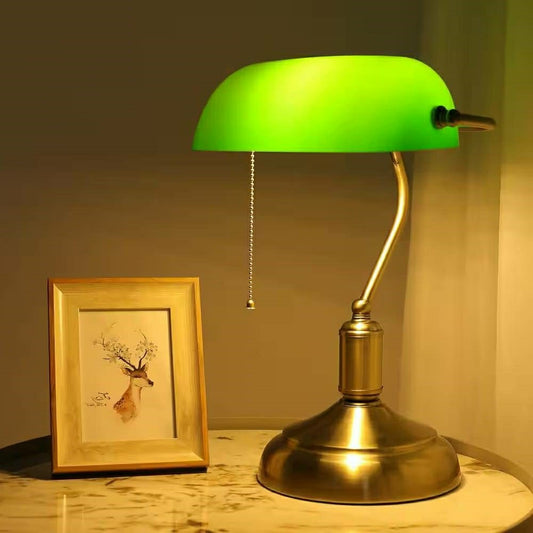 Antique Brass Bankers Lamp Desk Light Table Lamp with Green Glass Shad