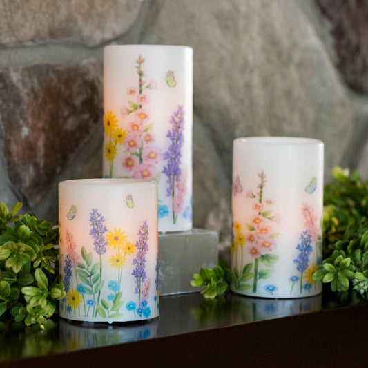 Flameless Pillar Candles with Floral Designs, Set of 3