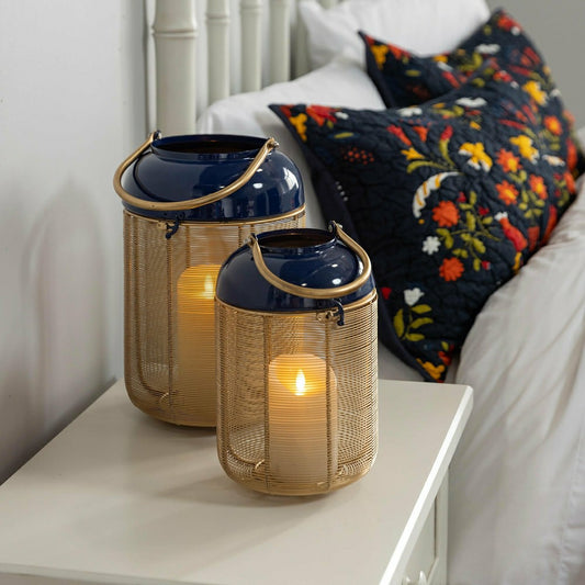 Blue and Gold Metal Lanterns, Set of 2