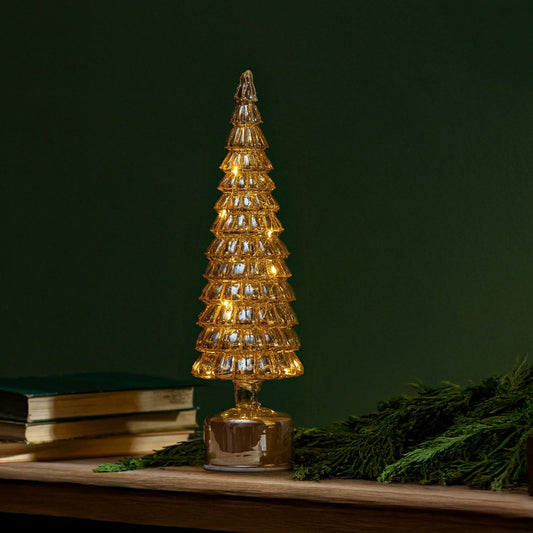 Shades of Emerald LED Table Decor Tree Shaped Rotating Glass, 16"H