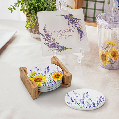 Lavender Fields Round Coasters w/ Caddy, Set of 4, Gift Box