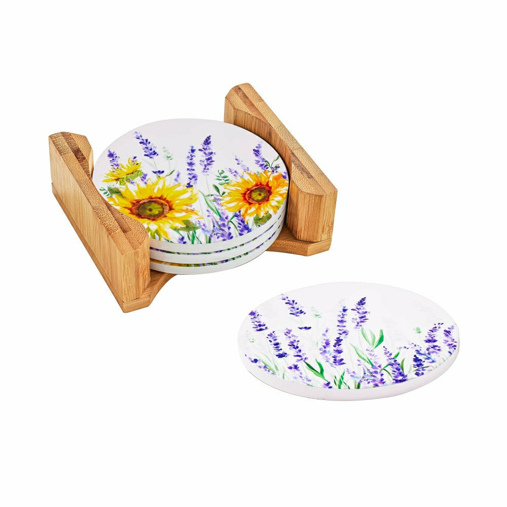 Lavender Fields Round Coasters w/ Caddy, Set of 4, Gift Box