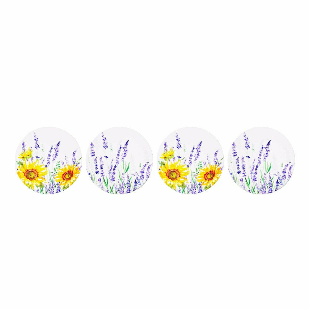 Lavender Fields Round Coasters w/ Caddy, Set of 4, Gift Box
