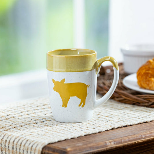 Hillside Pasture Coffee Cup Ceramic Artisanal, Farm Pig Yellow, 14oz,