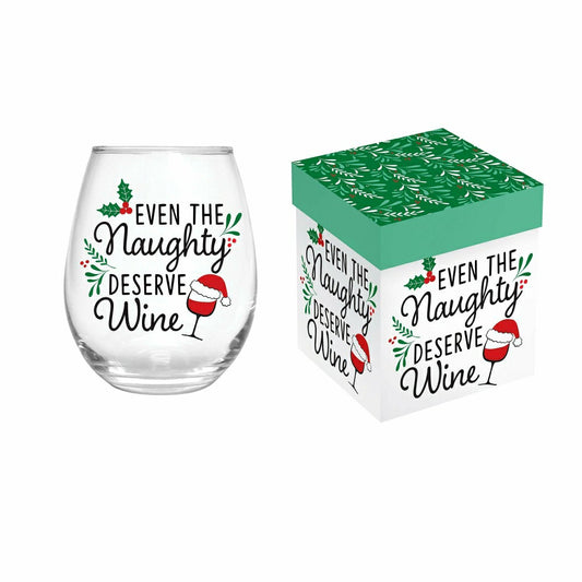 Twas The Night Wine Glass Stemless Glass, Naughty, 17oz, Gift Box
