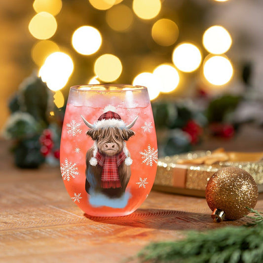 Holly Homestead Wine Glass Stemless Glass, Highland Cow, 17oz, Gift Bo