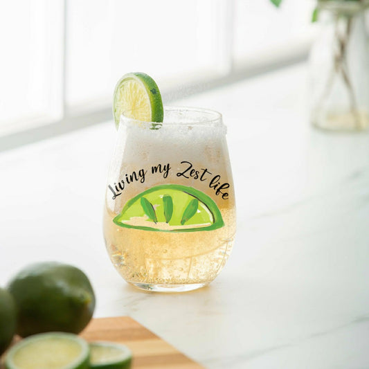 Blue Coastal Wine Glass Stemless Glass, Living My Zest Life, 17oz, Gif