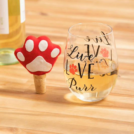 17 OZ Stemless Glass with Paw Print Stopper, Live Love Purr, Gift Set