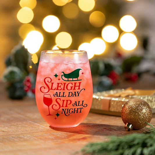 Twas The Night Wine Glass Stemless Glass, Sleigh All Day, 17oz, Gift B