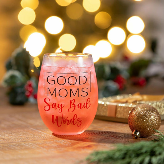 Wine Glass Stemless Glass, Good Moms, 17oz, Gift Box