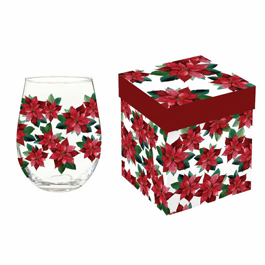Holiday Poinsettia Wine Glass Stemless Glass, Poinsettia Bliss, 17oz,