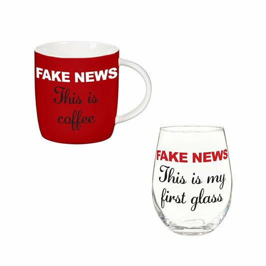 Just for Laughs Drinkware Gift Set Ceramic Cup and Wine Glass, "Fake N